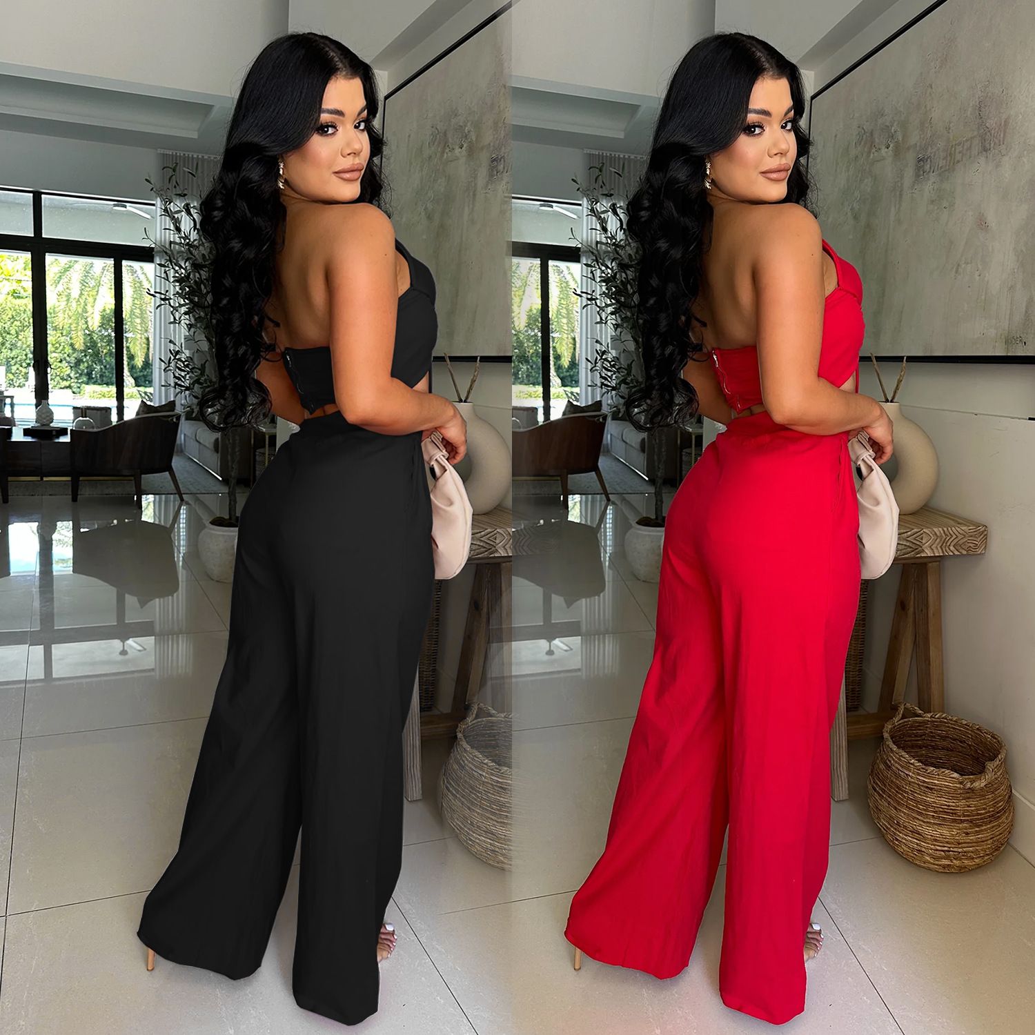 2 pcs/ 1 set,AliExpress Amazon European and American Fashion Women's Sexy Bow Casual Pants Two Piece Set New