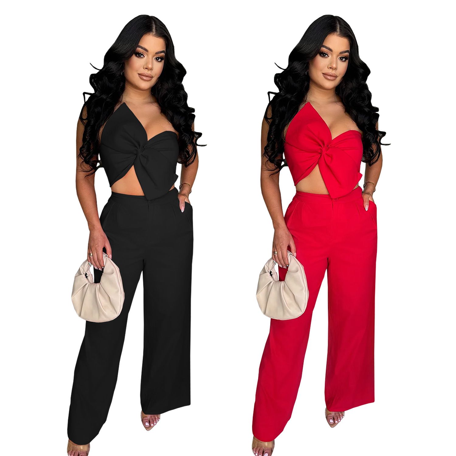 2 pcs/ 1 set,AliExpress Amazon European and American Fashion Women's Sexy Bow Casual Pants Two Piece Set New