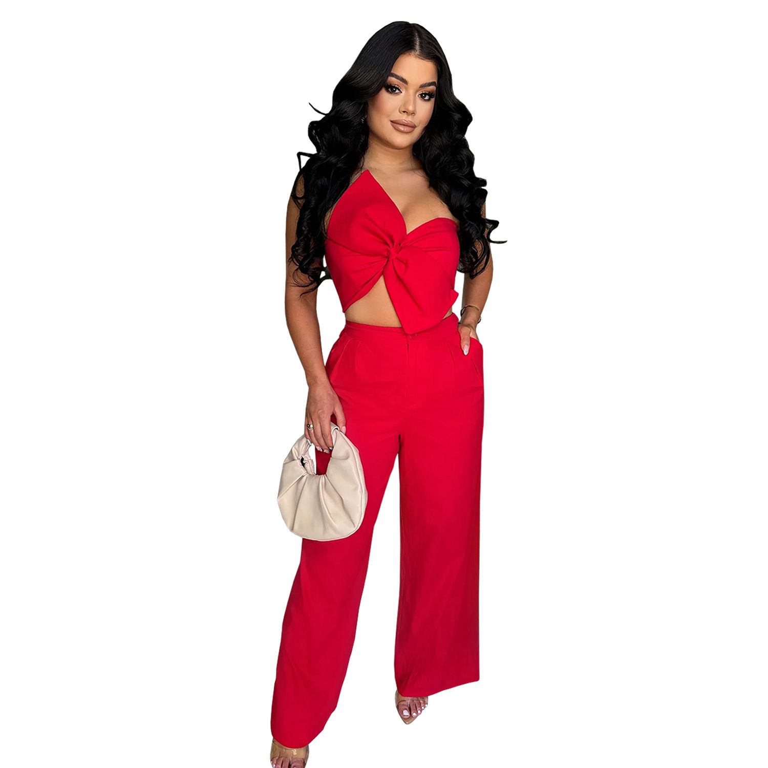 2 pcs/ 1 set,AliExpress Amazon European and American Fashion Women's Sexy Bow Casual Pants Two Piece Set New