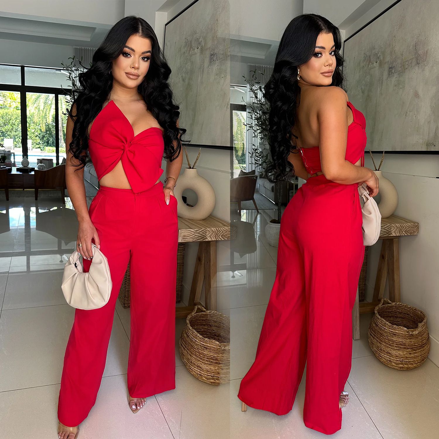 2 pcs/ 1 set,AliExpress Amazon European and American Fashion Women's Sexy Bow Casual Pants Two Piece Set New