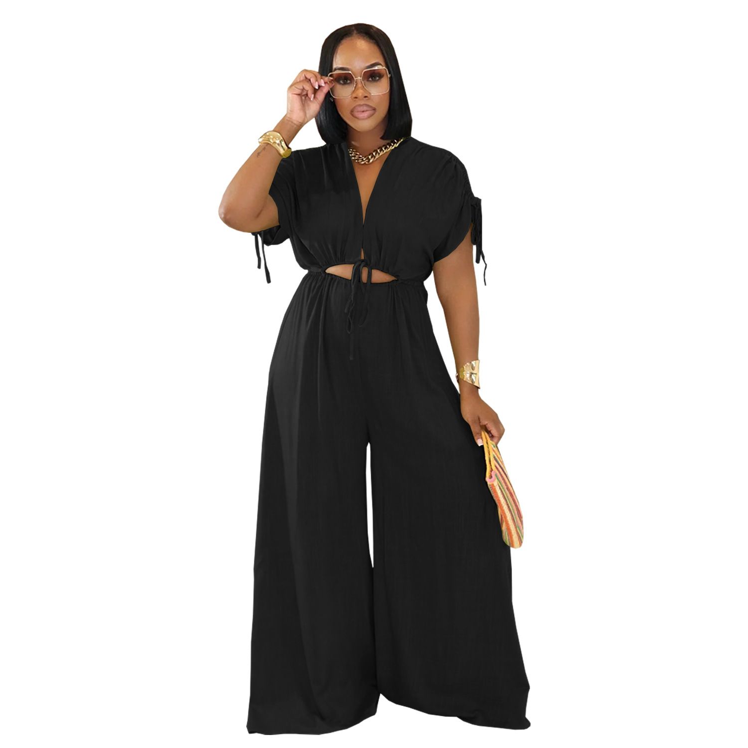 jumpsuit,AliExpress Amazon European and American Fashion Women's Casual Solid Color V-neck Strap Wide Leg jumpsuit New
