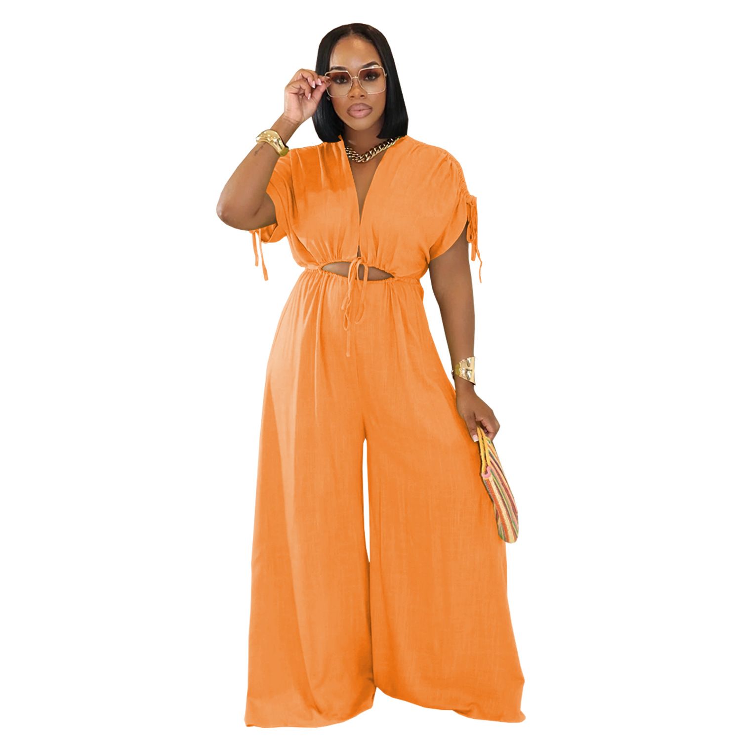 jumpsuit,AliExpress Amazon European and American Fashion Women's Casual Solid Color V-neck Strap Wide Leg jumpsuit New