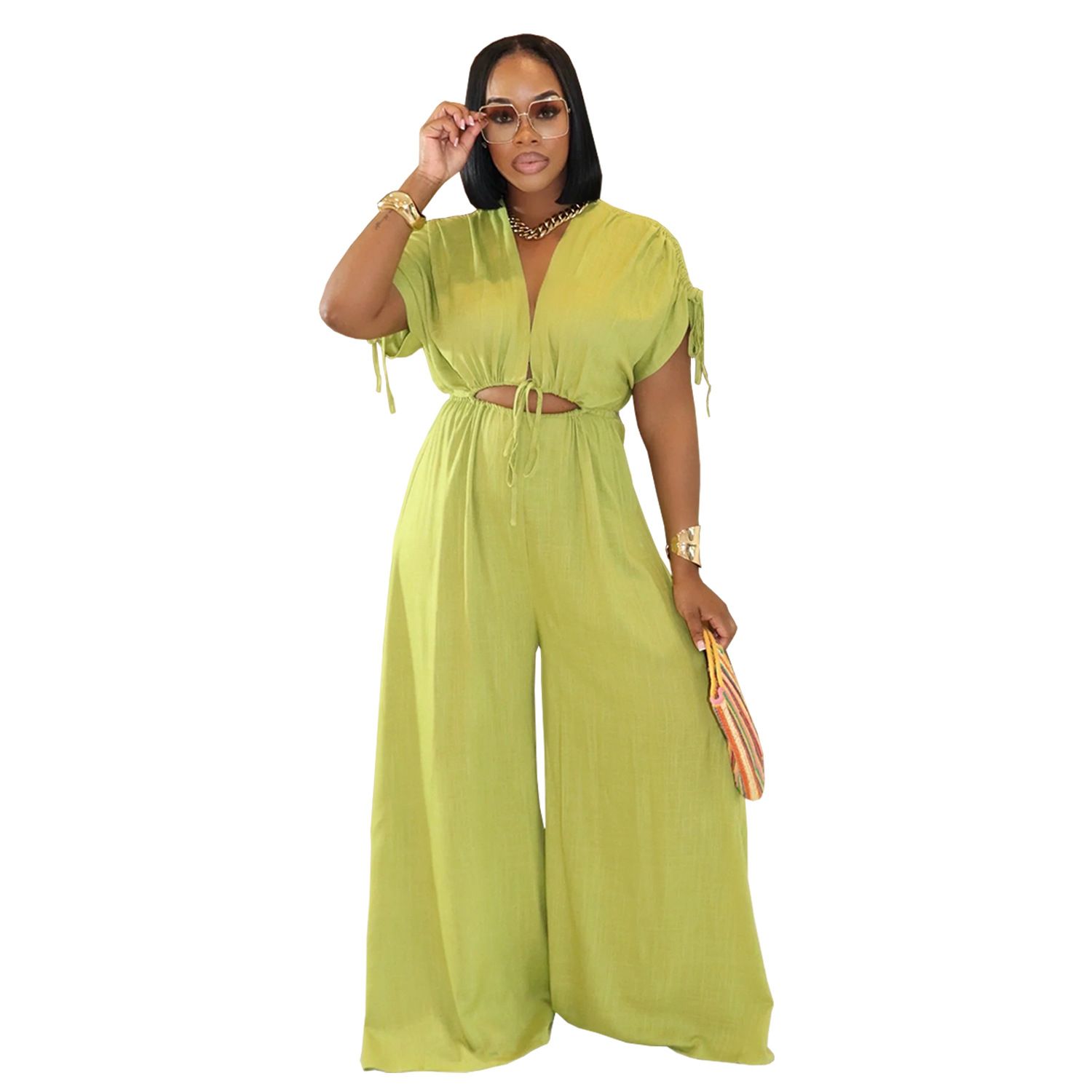 jumpsuit,AliExpress Amazon European and American Fashion Women's Casual Solid Color V-neck Strap Wide Leg jumpsuit New