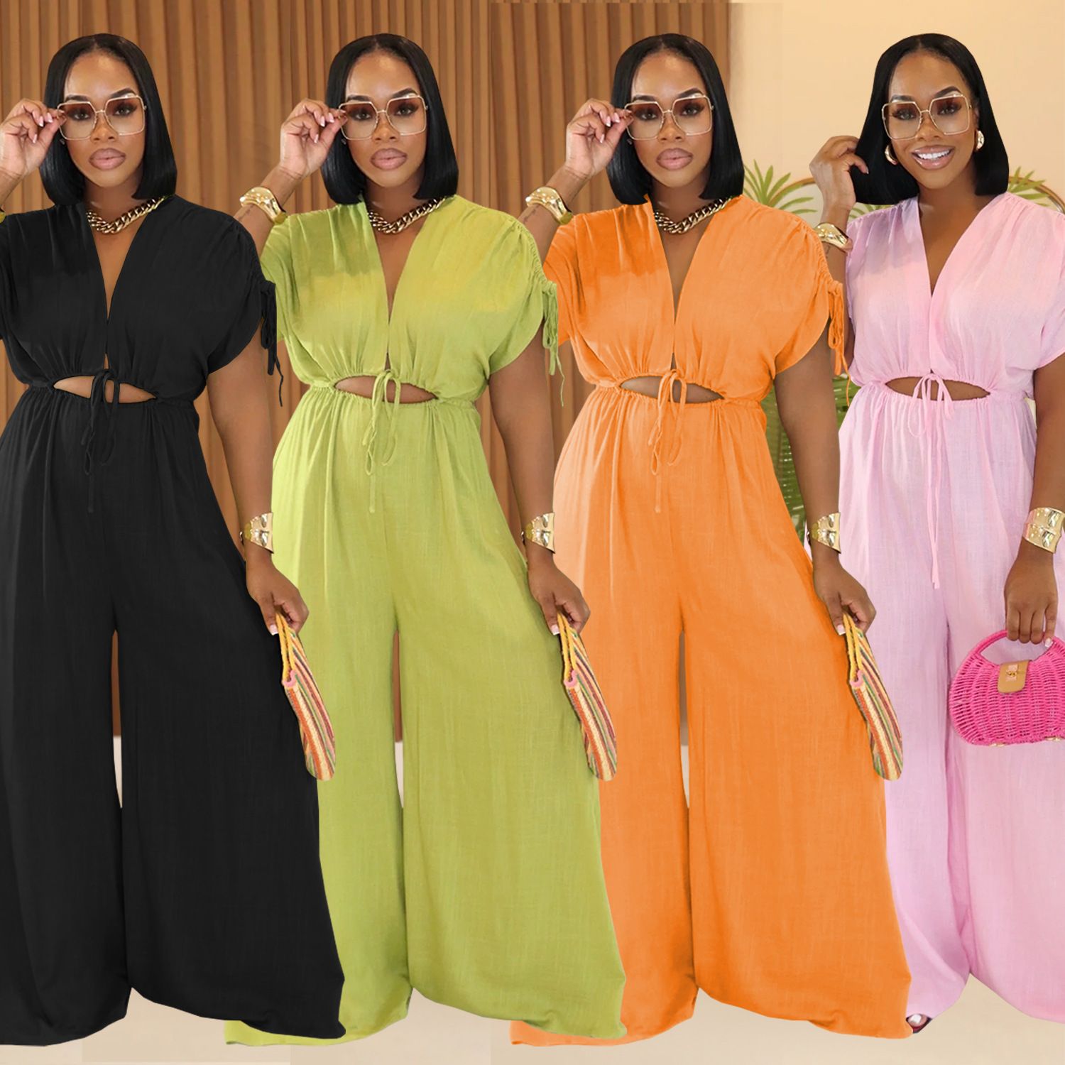jumpsuit,AliExpress Amazon European and American Fashion Women's Casual Solid Color V-neck Strap Wide Leg jumpsuit New