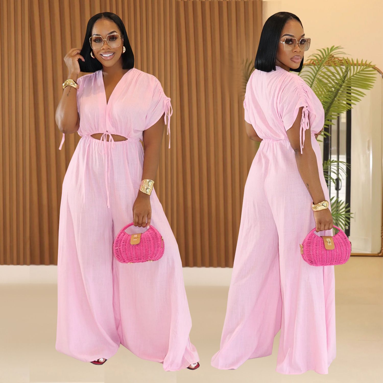 jumpsuit,AliExpress Amazon European and American Fashion Women's Casual Solid Color V-neck Strap Wide Leg jumpsuit New