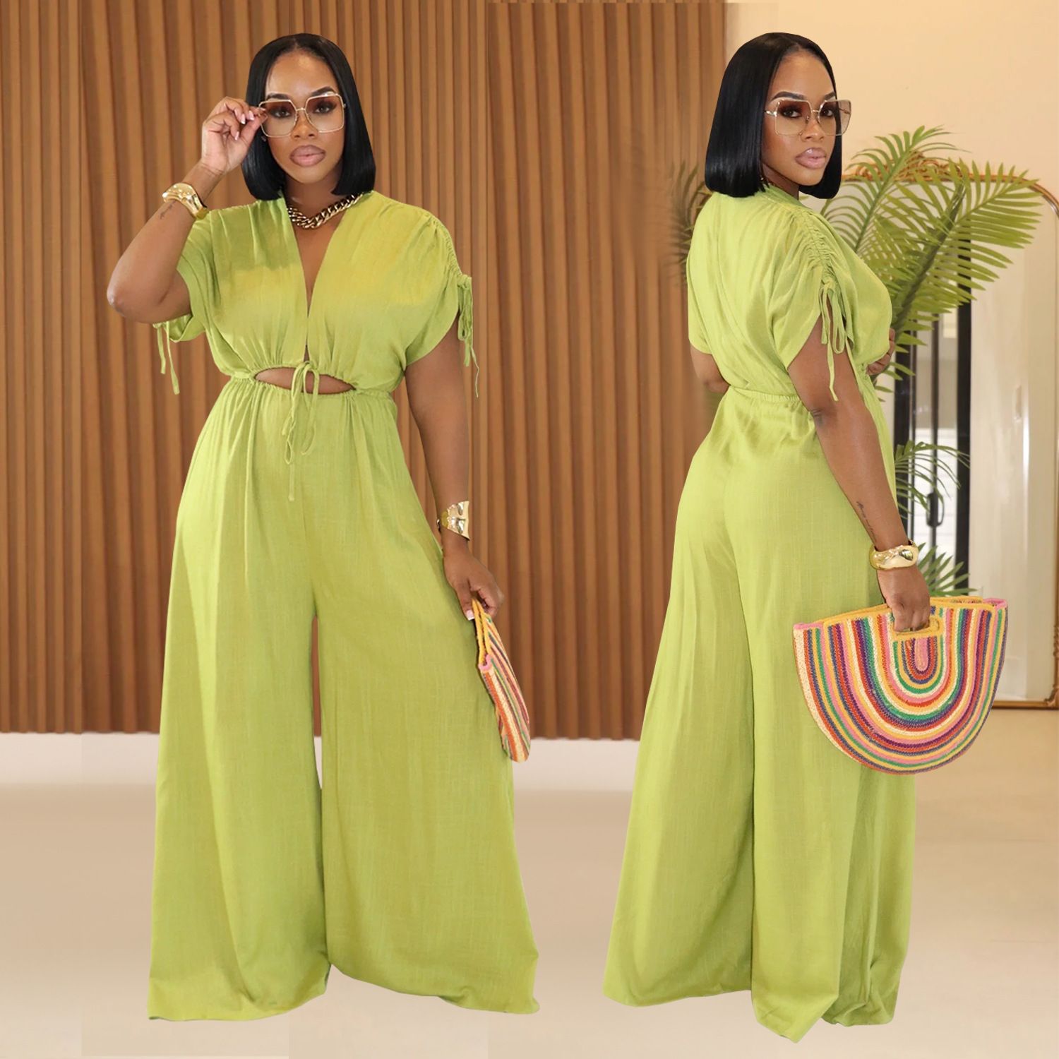 jumpsuit,AliExpress Amazon European and American Fashion Women's Casual Solid Color V-neck Strap Wide Leg jumpsuit New