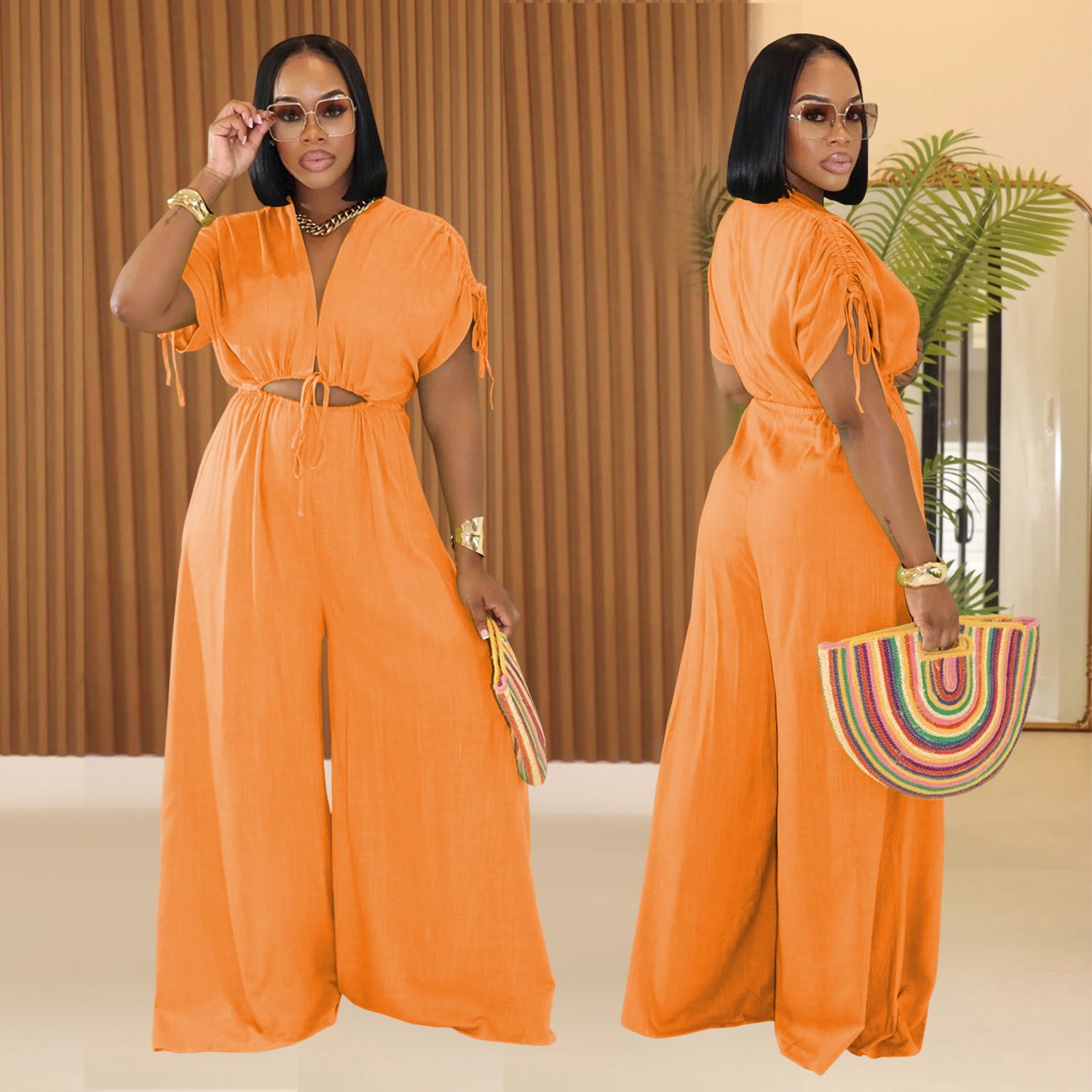 jumpsuit,AliExpress Amazon European and American Fashion Women's Casual Solid Color V-neck Strap Wide Leg jumpsuit New
