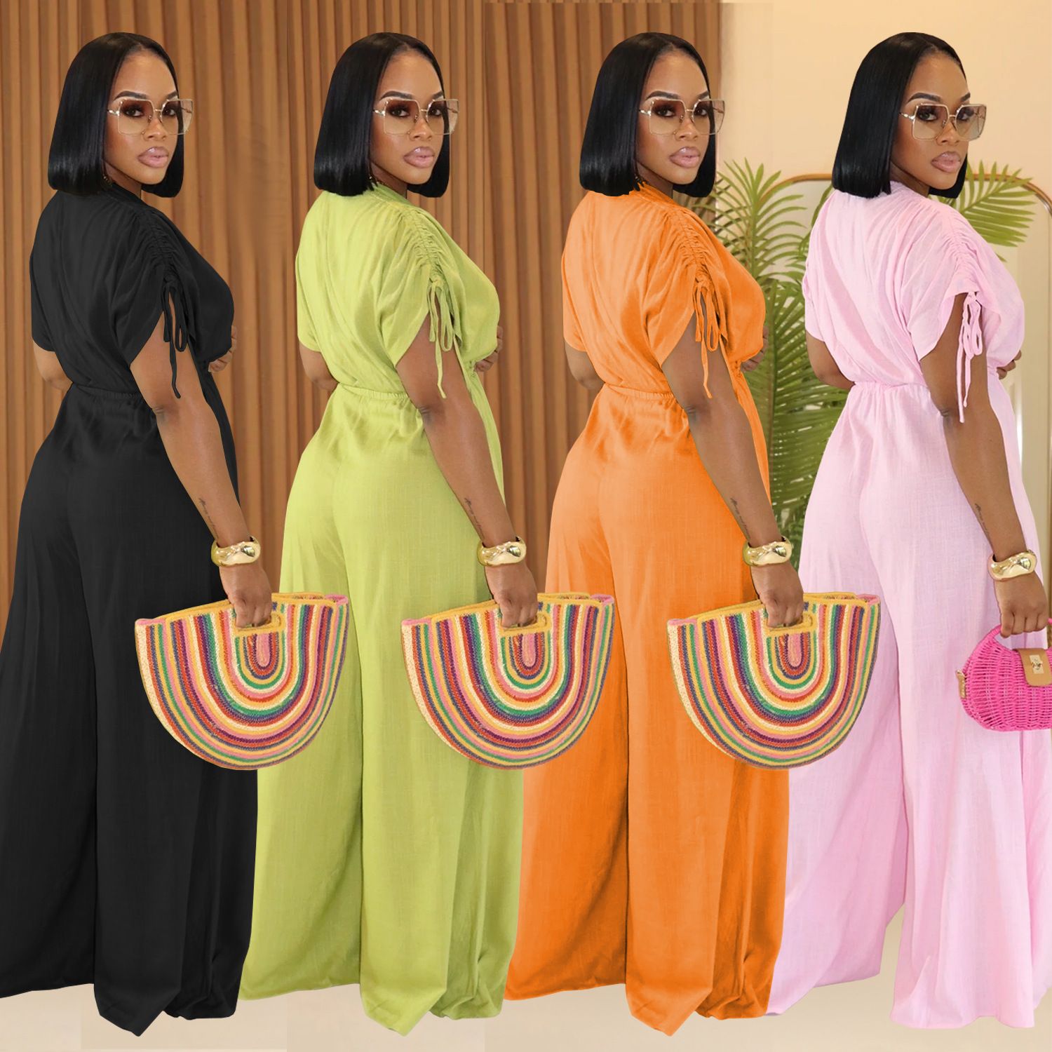 jumpsuit,AliExpress Amazon European and American Fashion Women's Casual Solid Color V-neck Strap Wide Leg jumpsuit New