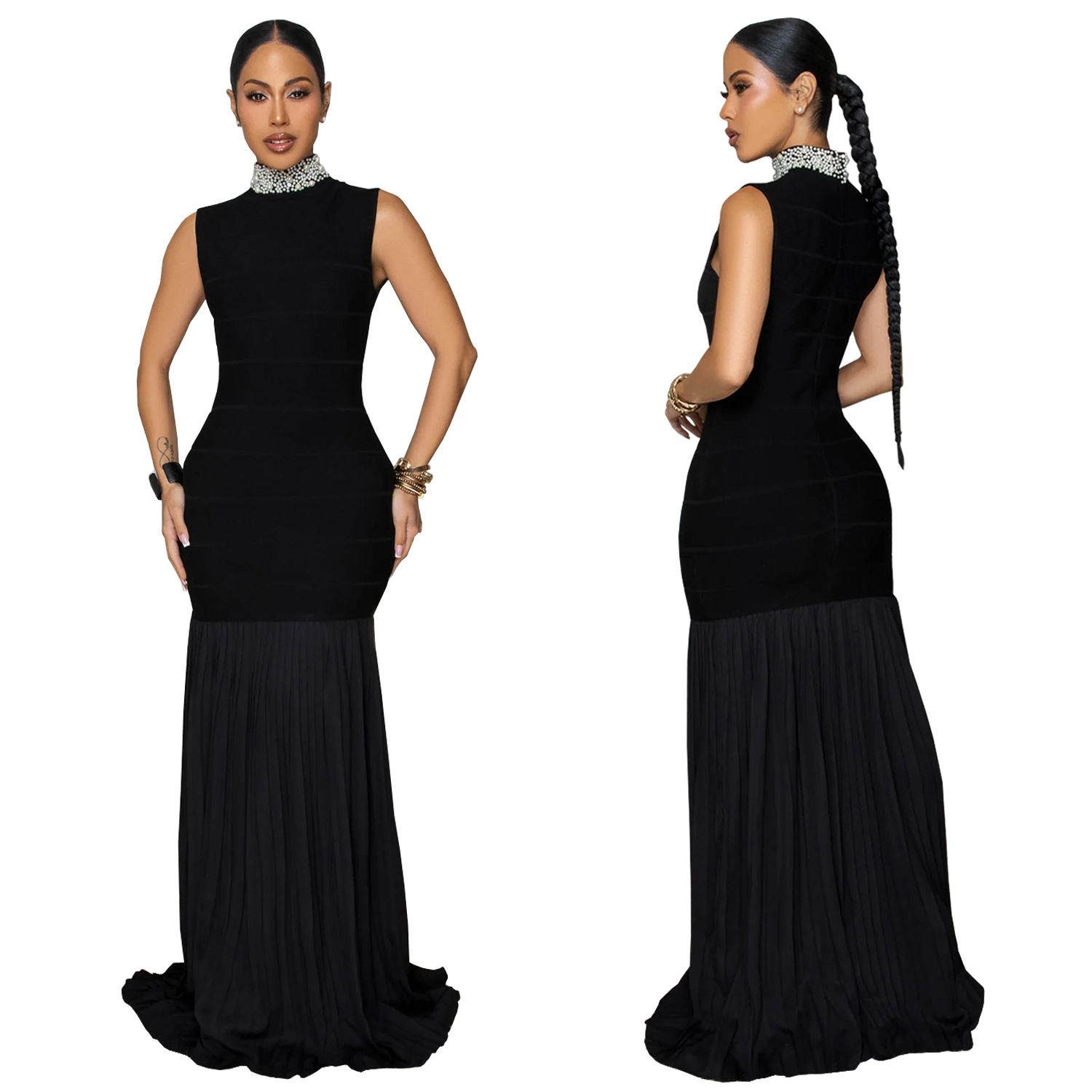 AliExpress Amazon European and American Fashion Women's Clothing Splicing, Folding, Temperament, Slimming, Bubble Bead Dress, Long Skirt