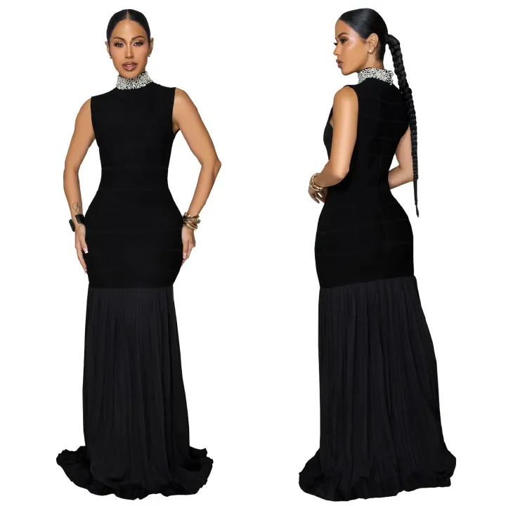 AliExpress Amazon European and American Fashion Women's Clothing Splicing, Folding, Temperament, Slimming, Bubble Bead Dress, Long Skirt