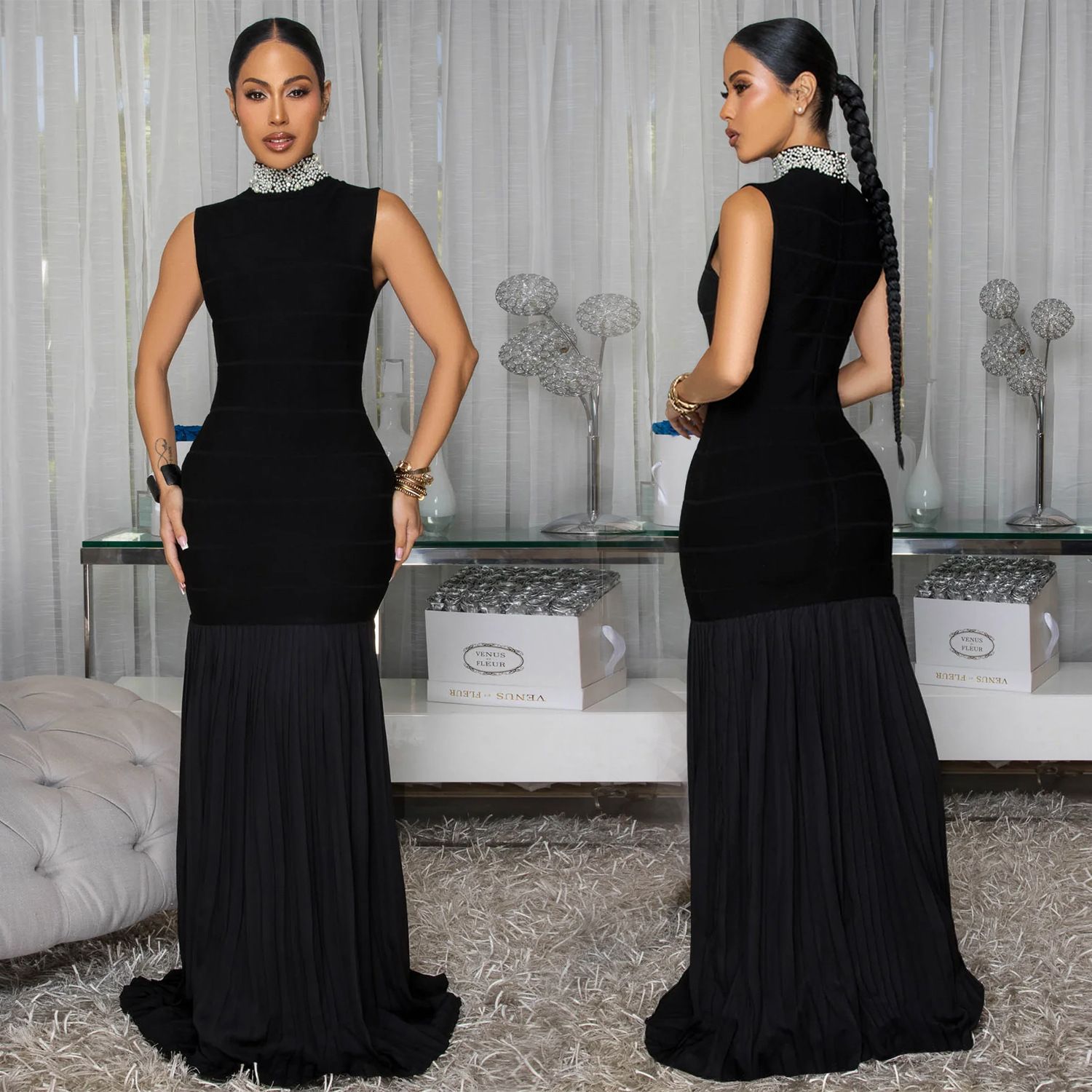 AliExpress Amazon European and American Fashion Women's Clothing Splicing, Folding, Temperament, Slimming, Bubble Bead Dress, Long Skirt