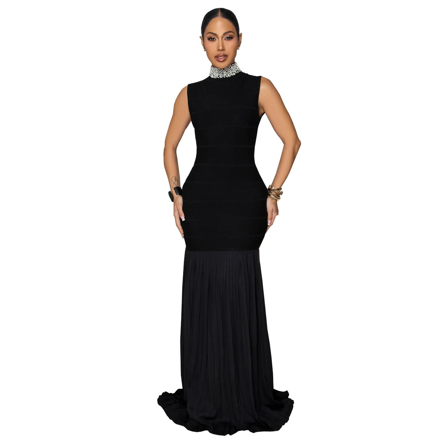 AliExpress Amazon European and American Fashion Women's Clothing Splicing, Folding, Temperament, Slimming, Bubble Bead Dress, Long Skirt