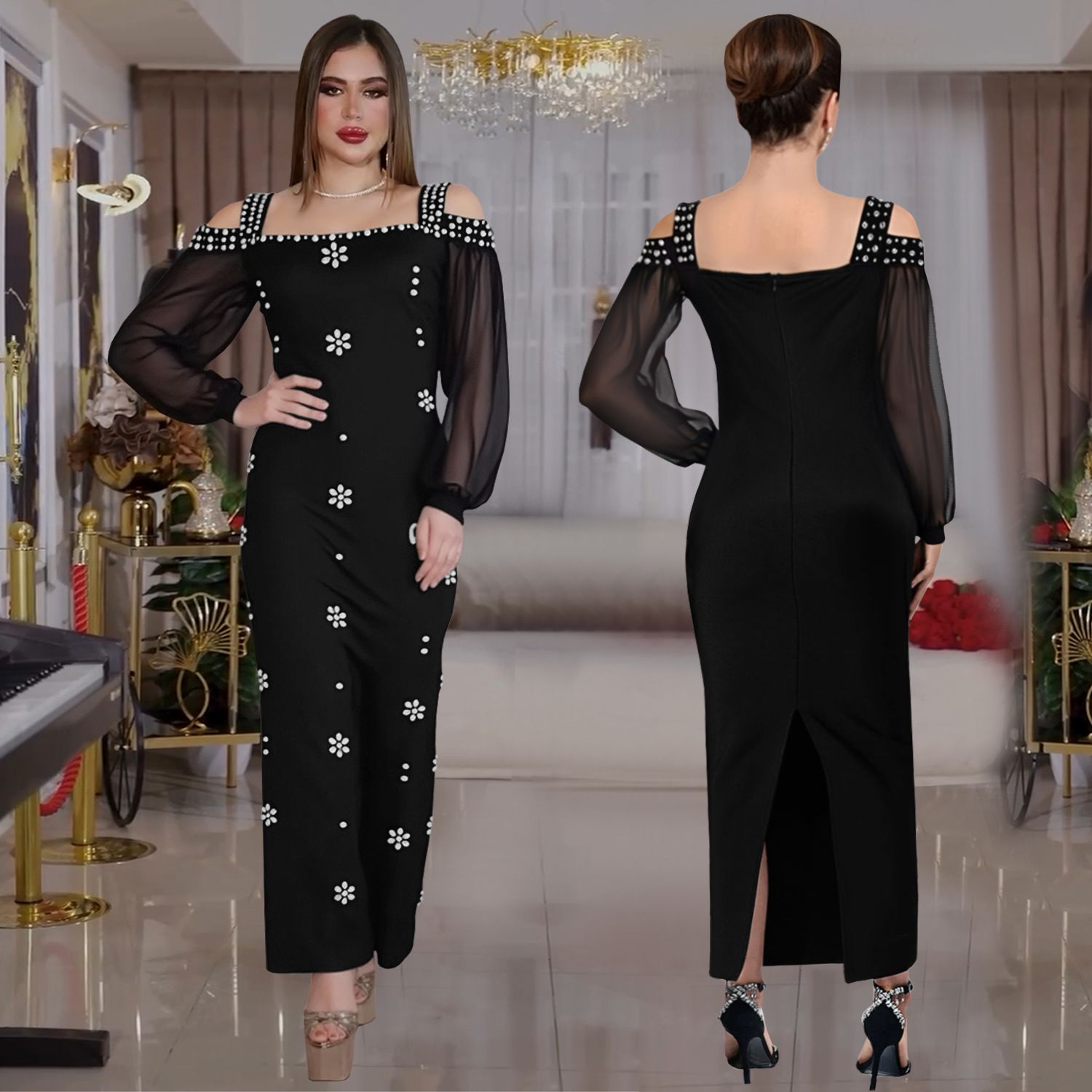 AliExpress Amazon European and American Fashion Women's Elegant Hot Diamond Square Collar Mesh Slimming Dress, Long Skirt