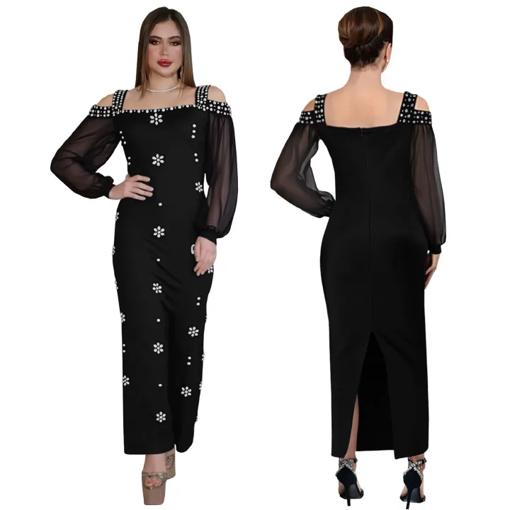 AliExpress Amazon European and American Fashion Women's Elegant Hot Diamond Square Collar Mesh Slimming Dress, Long Skirt