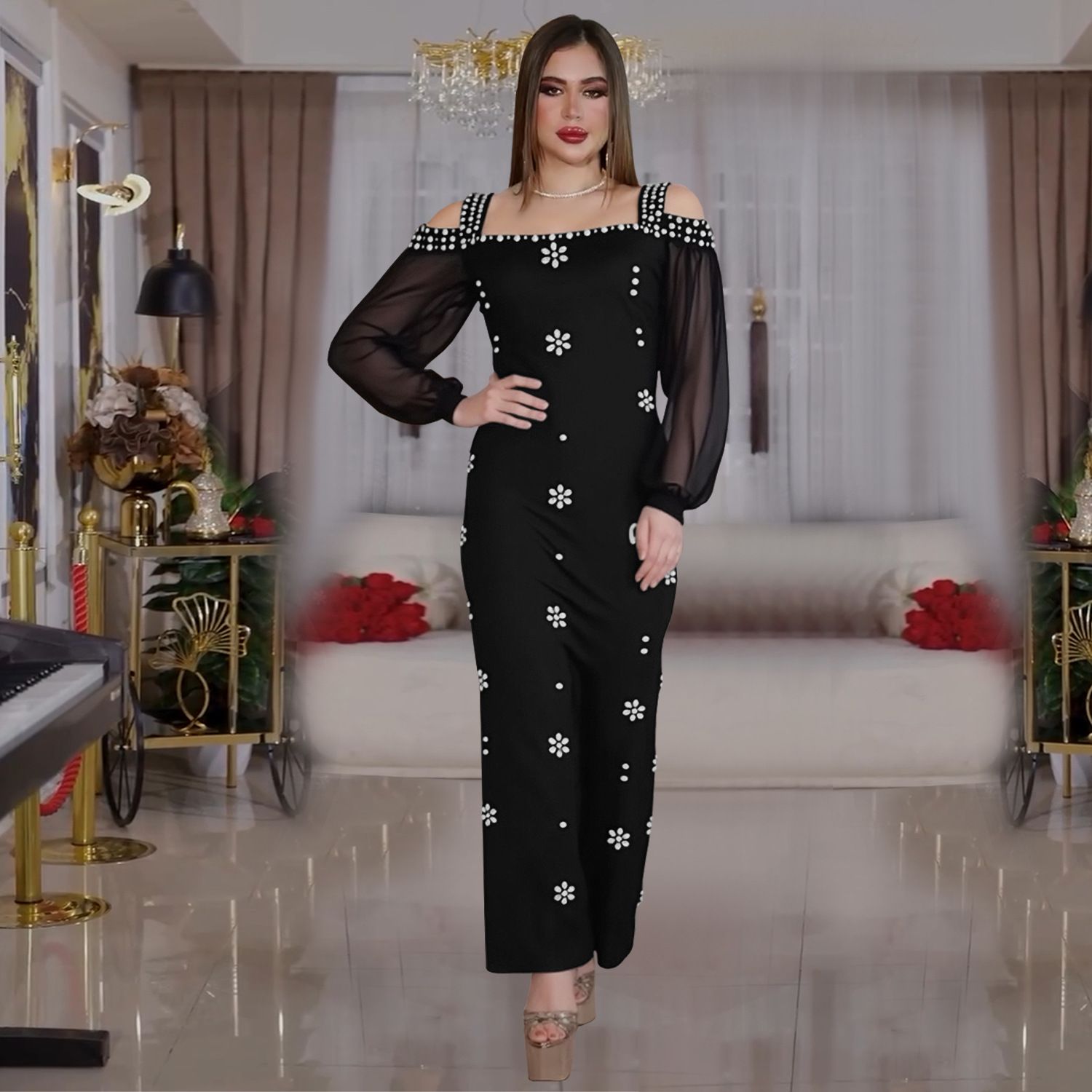 AliExpress Amazon European and American Fashion Women's Elegant Hot Diamond Square Collar Mesh Slimming Dress, Long Skirt