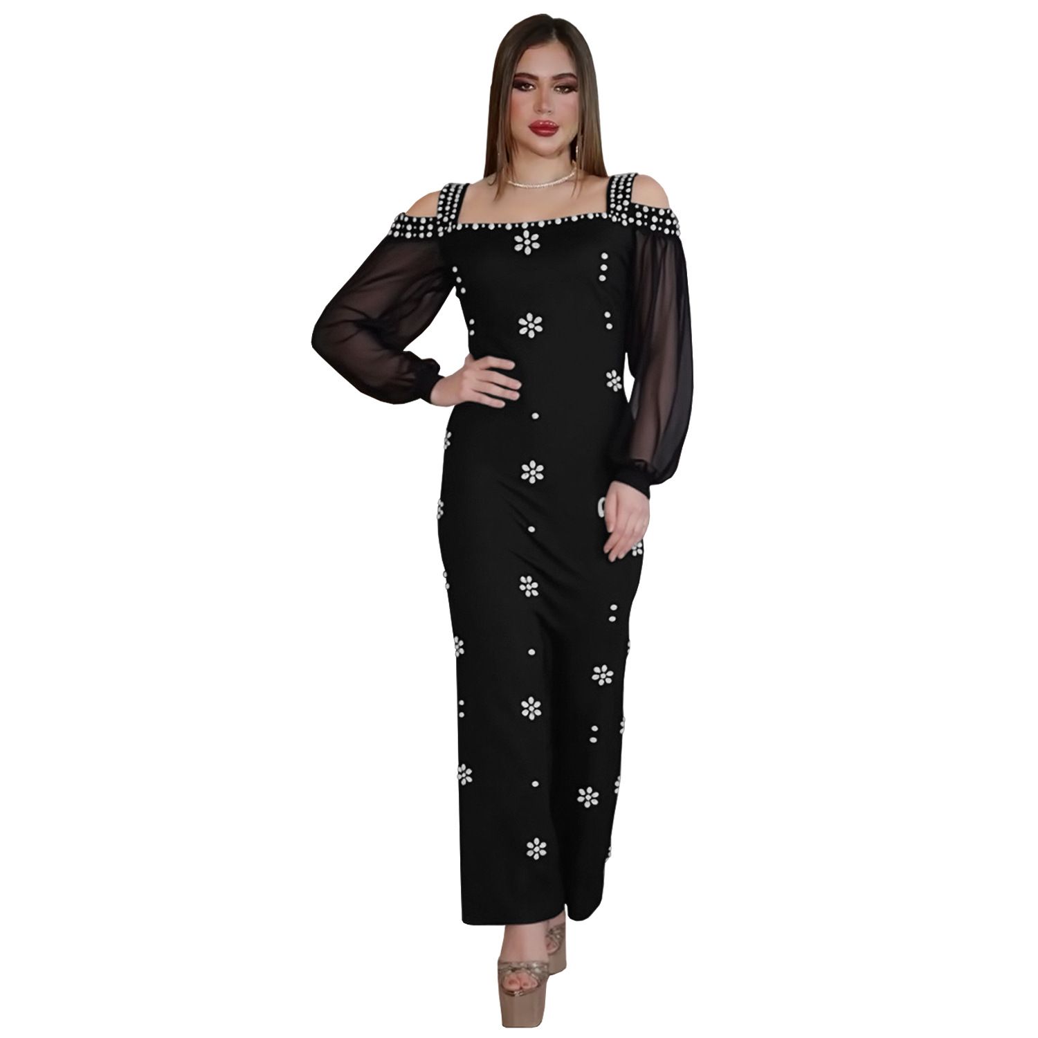 AliExpress Amazon European and American Fashion Women's Elegant Hot Diamond Square Collar Mesh Slimming Dress, Long Skirt