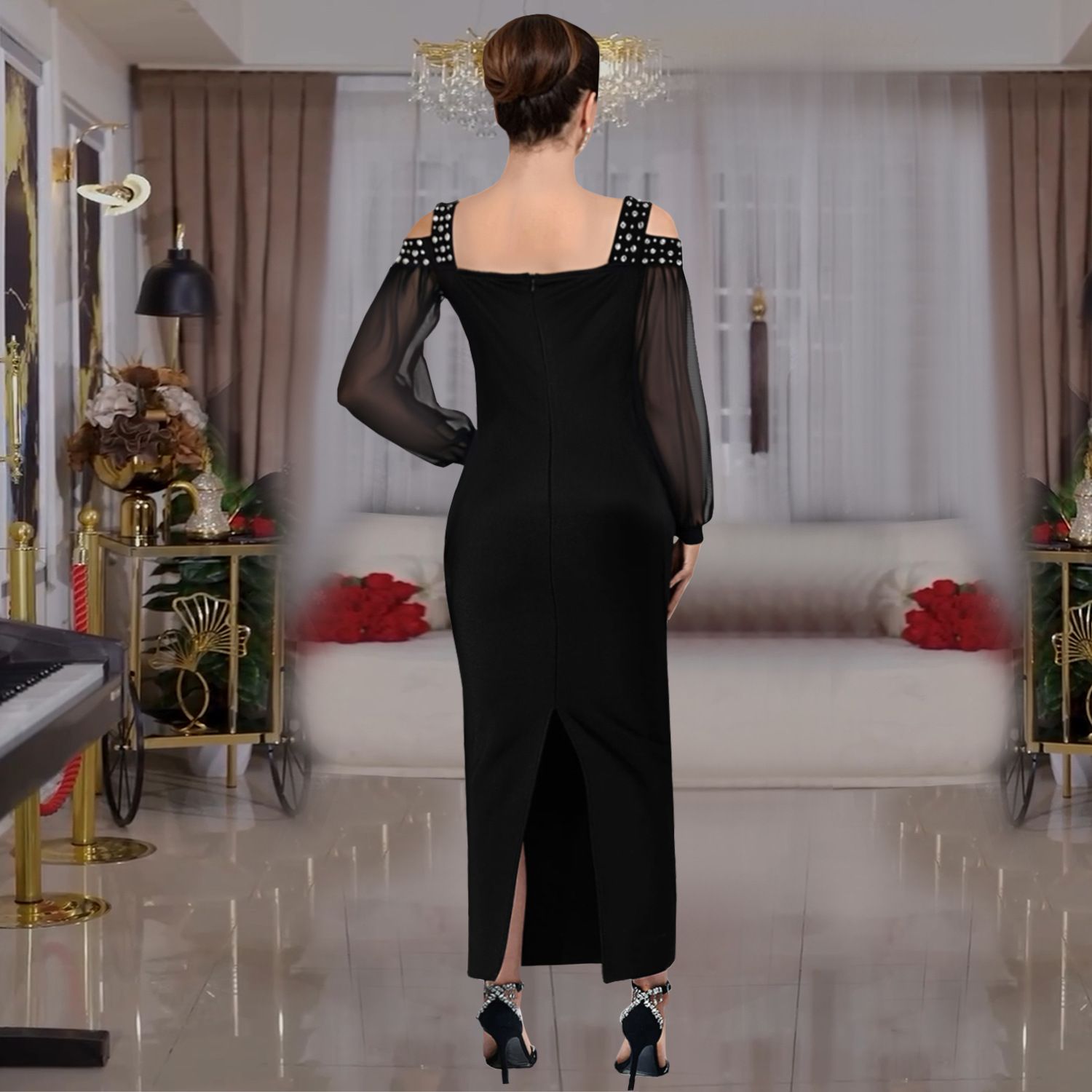 AliExpress Amazon European and American Fashion Women's Elegant Hot Diamond Square Collar Mesh Slimming Dress, Long Skirt