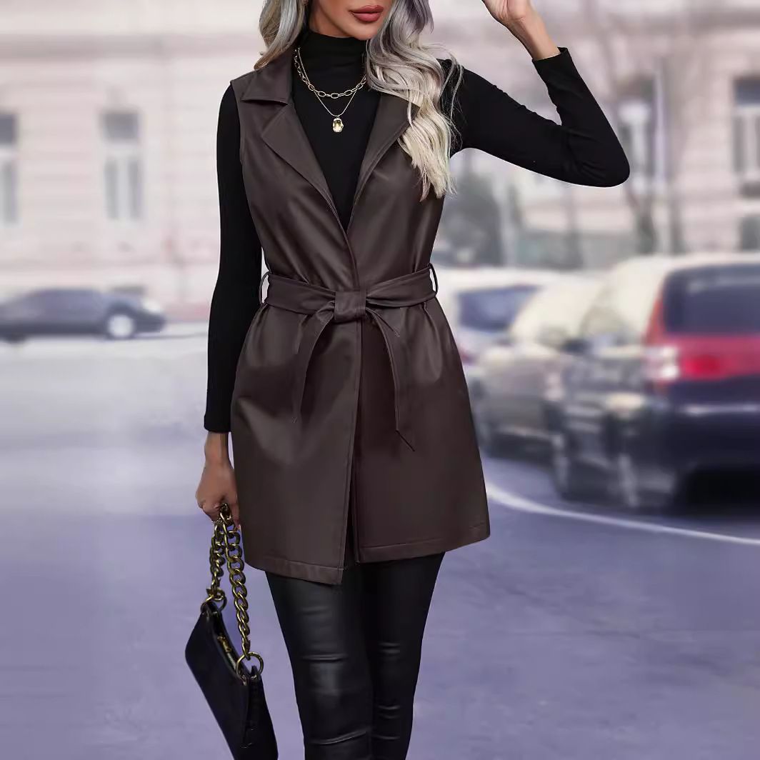 Amazon bestsellers, PU leather cardigans, strapped vest jackets, vest tops, women's styles, temperament styles, medium to long styles,
