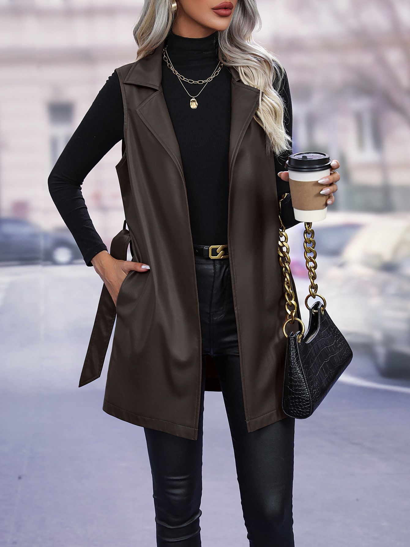 Amazon bestsellers, PU leather cardigans, strapped vest jackets, vest tops, women's styles, temperament styles, medium to long styles,