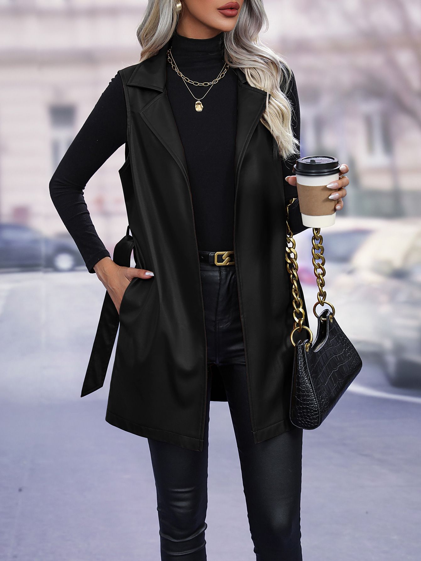 Amazon bestsellers, PU leather cardigans, strapped vest jackets, vest tops, women's styles, temperament styles, medium to long styles,