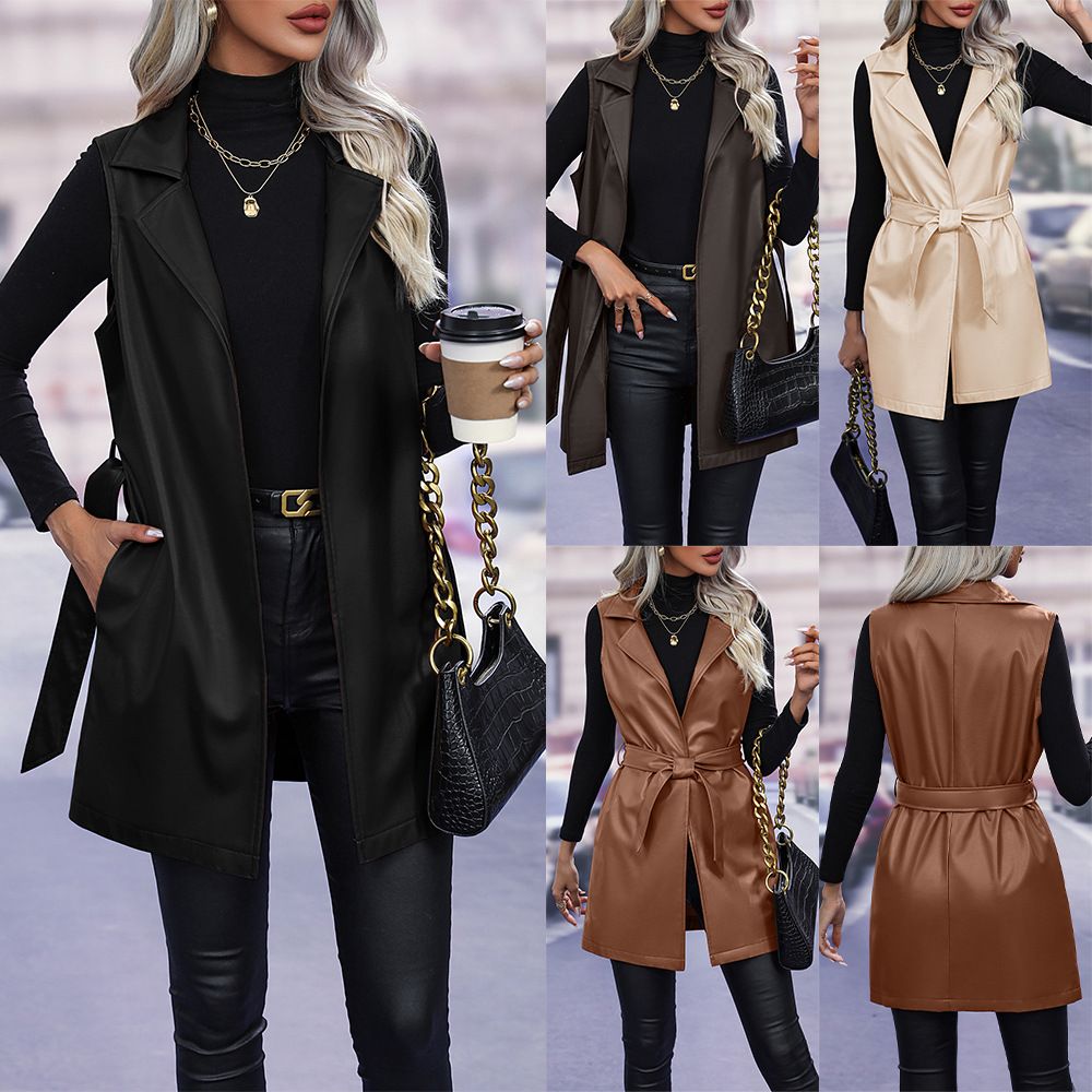 Amazon bestsellers, PU leather cardigans, strapped vest jackets, vest tops, women's styles, temperament styles, medium to long styles,