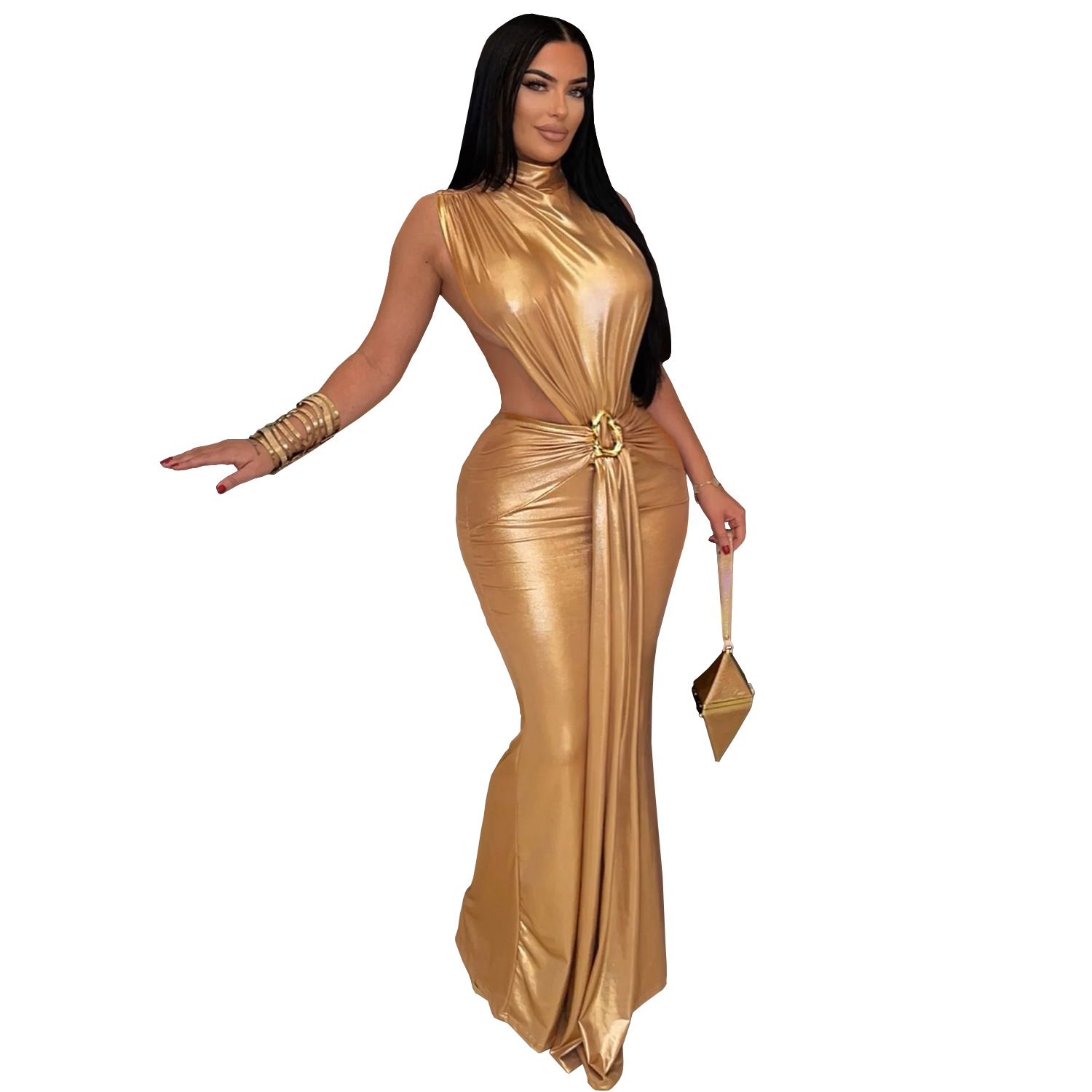 AliExpress Amazon Hot Sale, European and American Fashion, Women's Fashion, Sexy Hot Diamond, Sexy Elegant High Neck, Bag Arm Fork, Long Dress