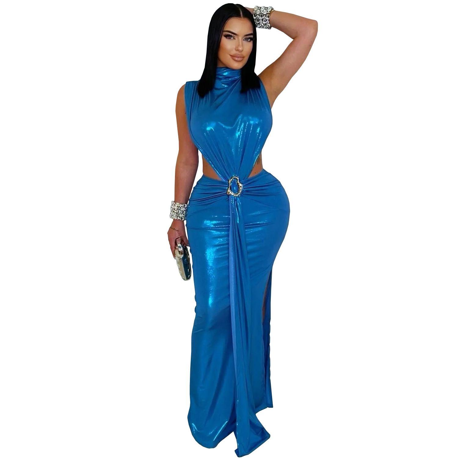 AliExpress Amazon Hot Sale, European and American Fashion, Women's Fashion, Sexy Hot Diamond, Sexy Elegant High Neck, Bag Arm Fork, Long Dress