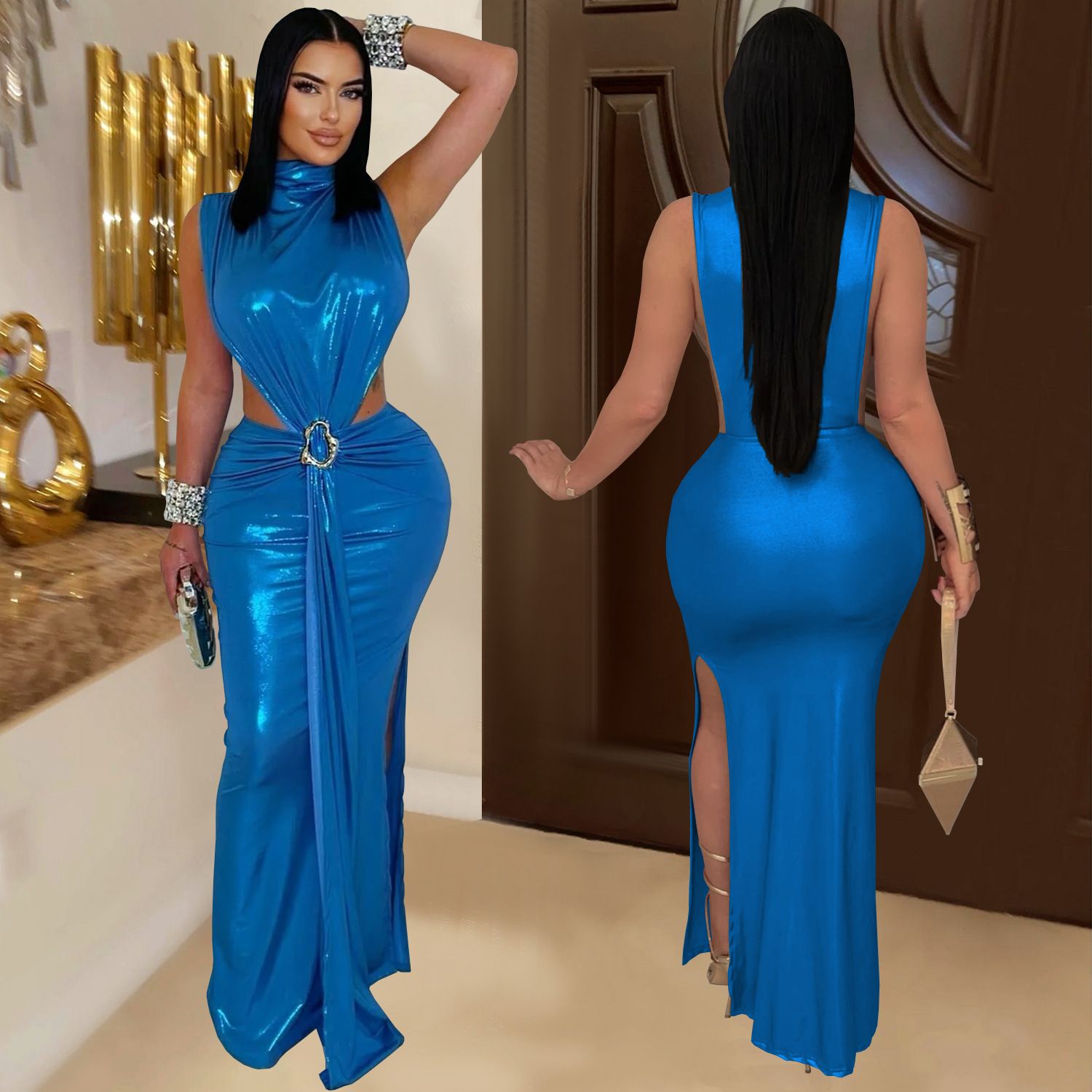 AliExpress Amazon Hot Sale, European and American Fashion, Women's Fashion, Sexy Hot Diamond, Sexy Elegant High Neck, Bag Arm Fork, Long Dress
