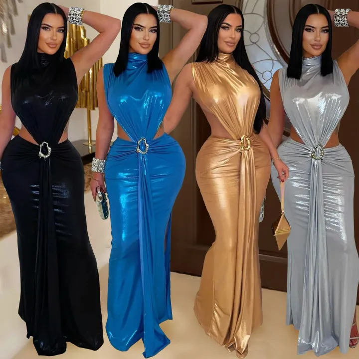 AliExpress Amazon Hot Sale, European and American Fashion, Women's Fashion, Sexy Hot Diamond, Sexy Elegant High Neck, Bag Arm Fork, Long Dress