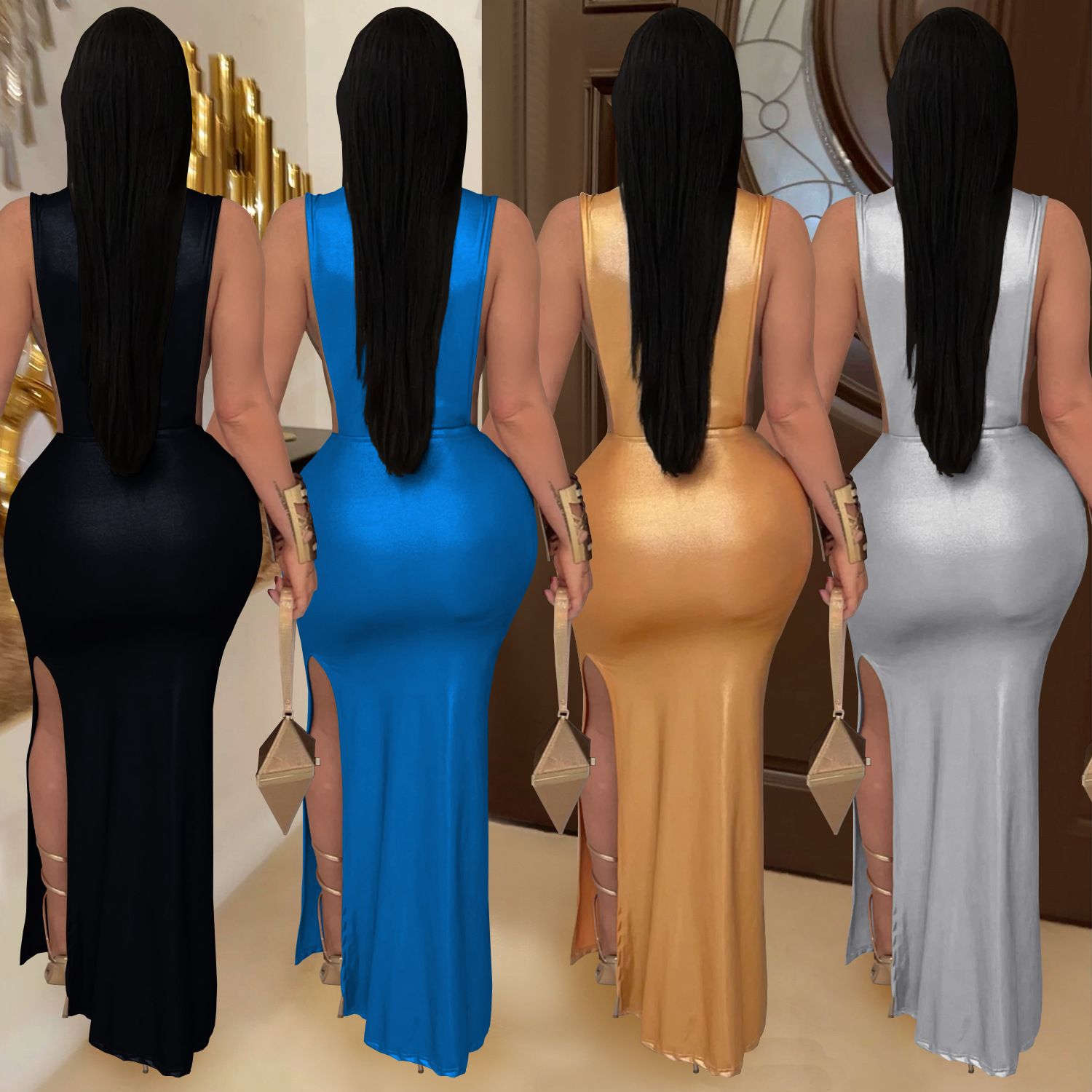 AliExpress Amazon Hot Sale, European and American Fashion, Women's Fashion, Sexy Hot Diamond, Sexy Elegant High Neck, Bag Arm Fork, Long Dress