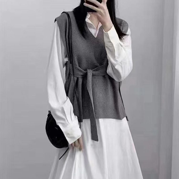 Solid color knit, women's vest, new style, loose outer layer, layered lace up, pullover and camisole, Amazon bestseller