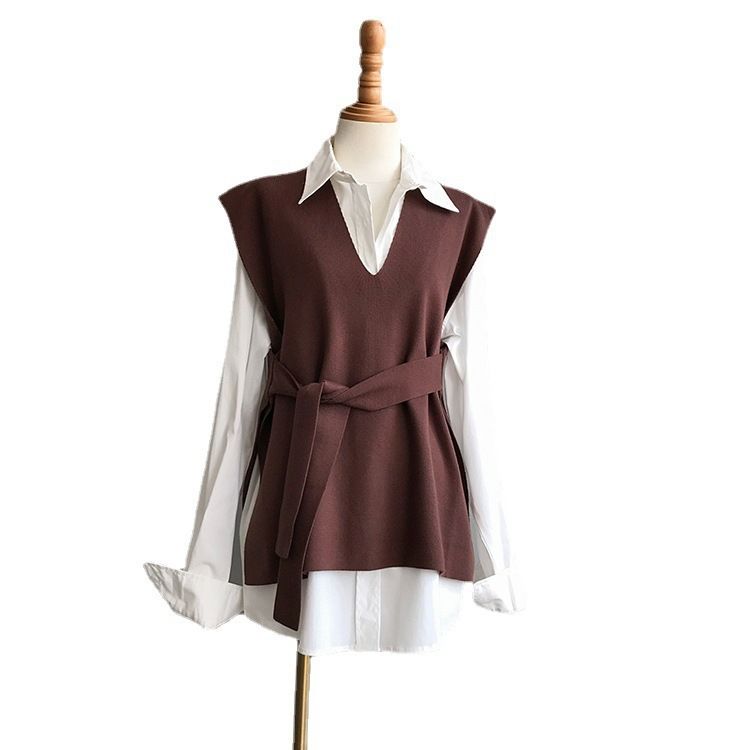 Solid color knit, women's vest, new style, loose outer layer, layered lace up, pullover and camisole, Amazon bestseller