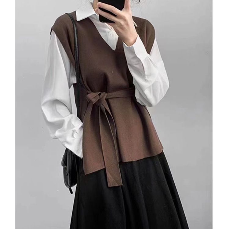 Solid color knit, women's vest, new style, loose outer layer, layered lace up, pullover and camisole, Amazon bestseller