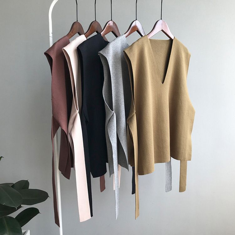 Solid color knit, women's vest, new style, loose outer layer, layered lace up, pullover and camisole, Amazon bestseller