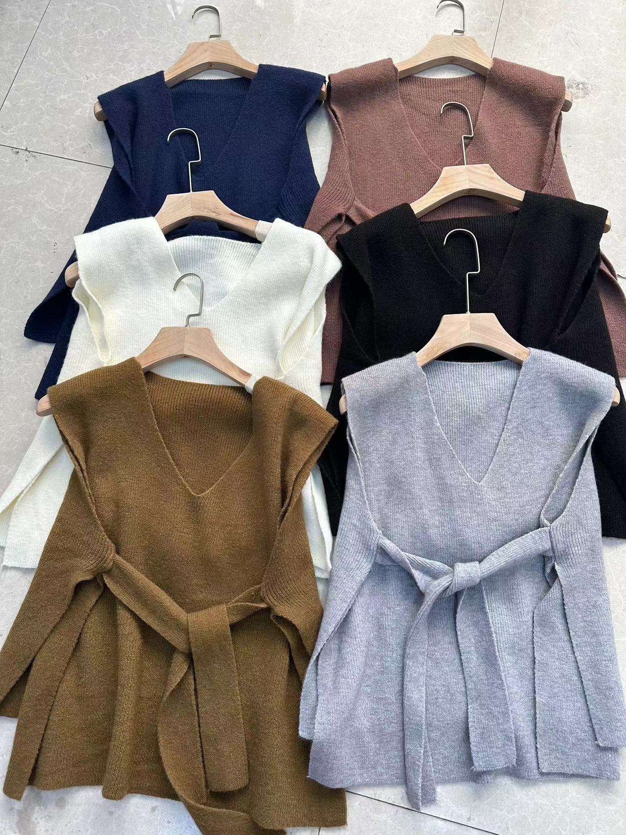 Solid color knit, women's vest, new style, loose outer layer, layered lace up, pullover and camisole, Amazon bestseller