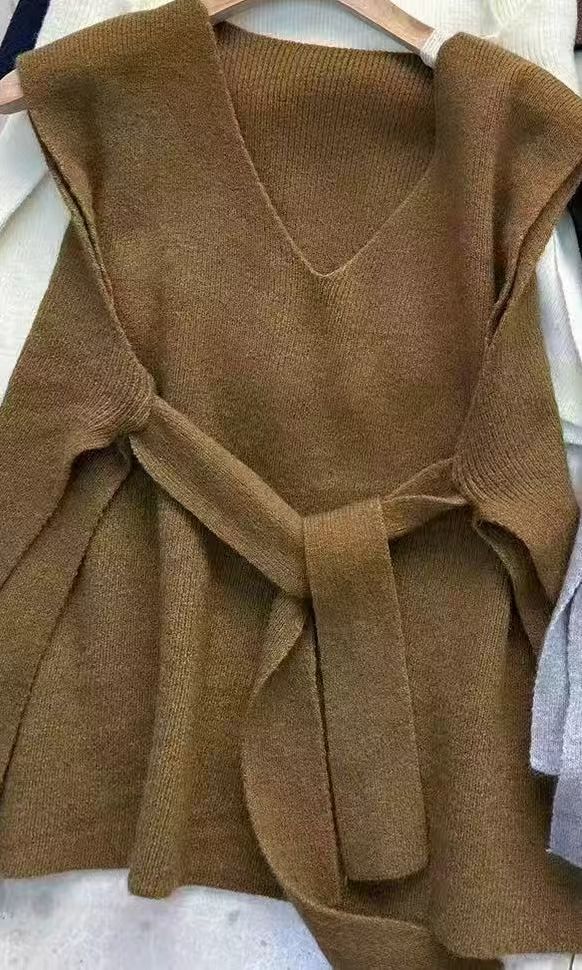 Solid color knit, women's vest, new style, loose outer layer, layered lace up, pullover and camisole, Amazon bestseller