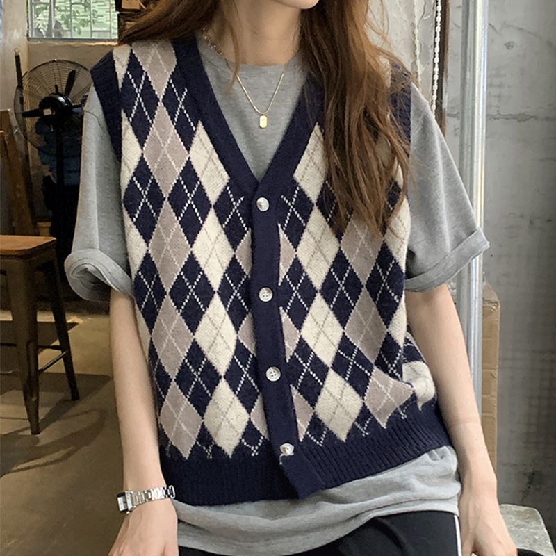 Lingge knitted sweater, vest cardigan, women's camisole, outerwear, V-neck, retro short style, sweater vest, trendy style