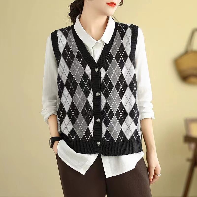 Lingge knitted sweater, vest cardigan, women's camisole, outerwear, V-neck, retro short style, sweater vest, trendy style