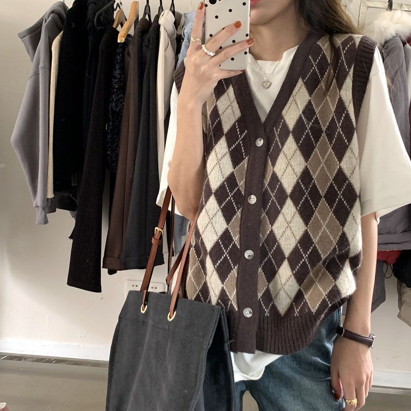 Lingge knitted sweater, vest cardigan, women's camisole, outerwear, V-neck, retro short style, sweater vest, trendy style