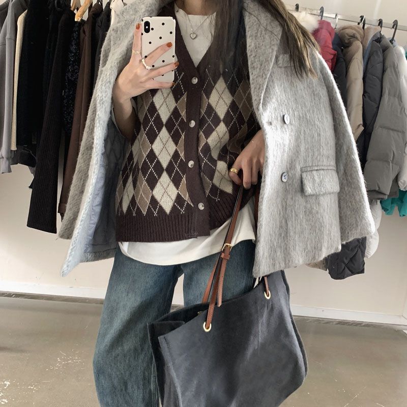 Lingge knitted sweater, vest cardigan, women's camisole, outerwear, V-neck, retro short style, sweater vest, trendy style