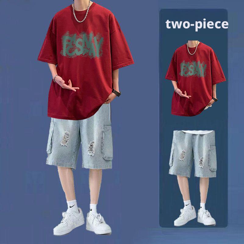 2 pcs/ 1 set,Trendy brand short sleeved T-shirt men's pure cotton summer thin shorts set two-piece ice silk loose casual men's outfit