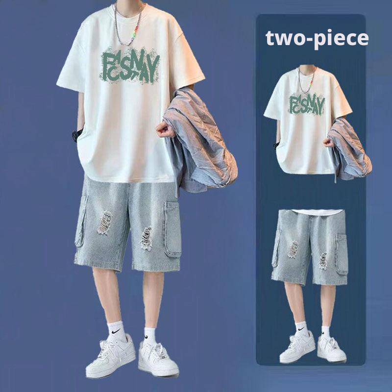 2 pcs/ 1 set,Trendy brand short sleeved T-shirt men's pure cotton summer thin shorts set two-piece ice silk loose casual men's outfit
