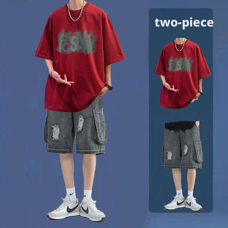 2 pcs/ 1 set,Trendy brand short sleeved T-shirt men's pure cotton summer thin shorts set two-piece ice silk loose casual men's outfit