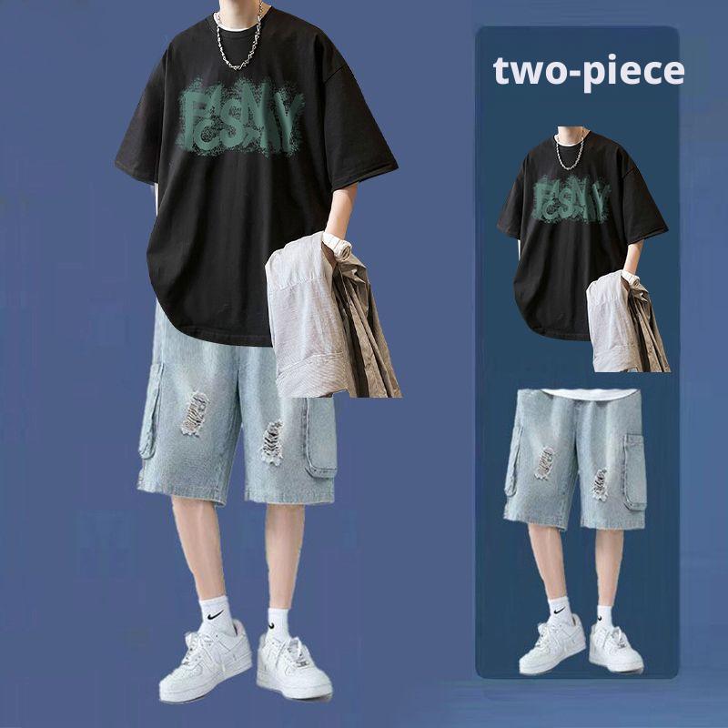 2 pcs/ 1 set,Trendy brand short sleeved T-shirt men's pure cotton summer thin shorts set two-piece ice silk loose casual men's outfit