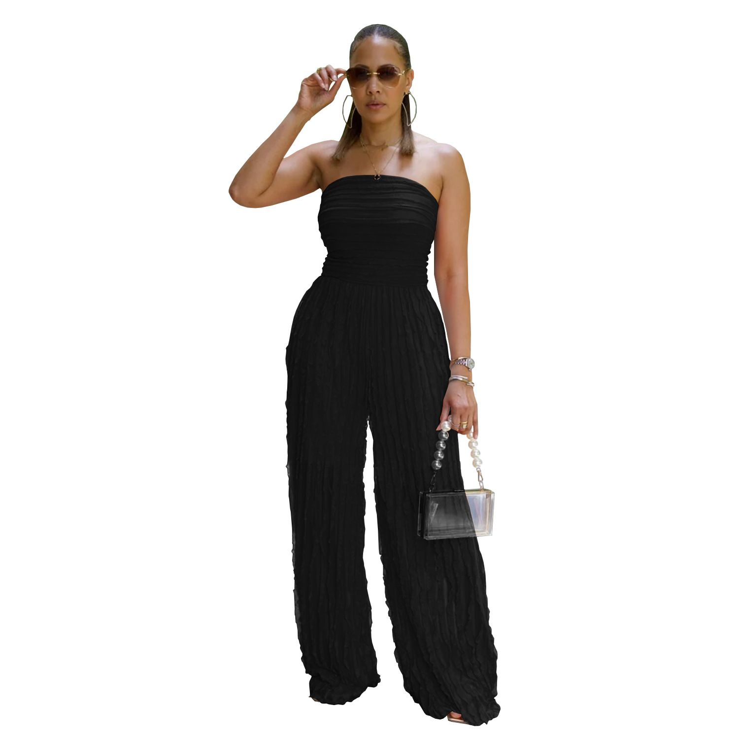 AliExpress Amazon European and American Fashion Women's Clothing, Solid Color Loose Casual Wave Pattern jumpsuit New