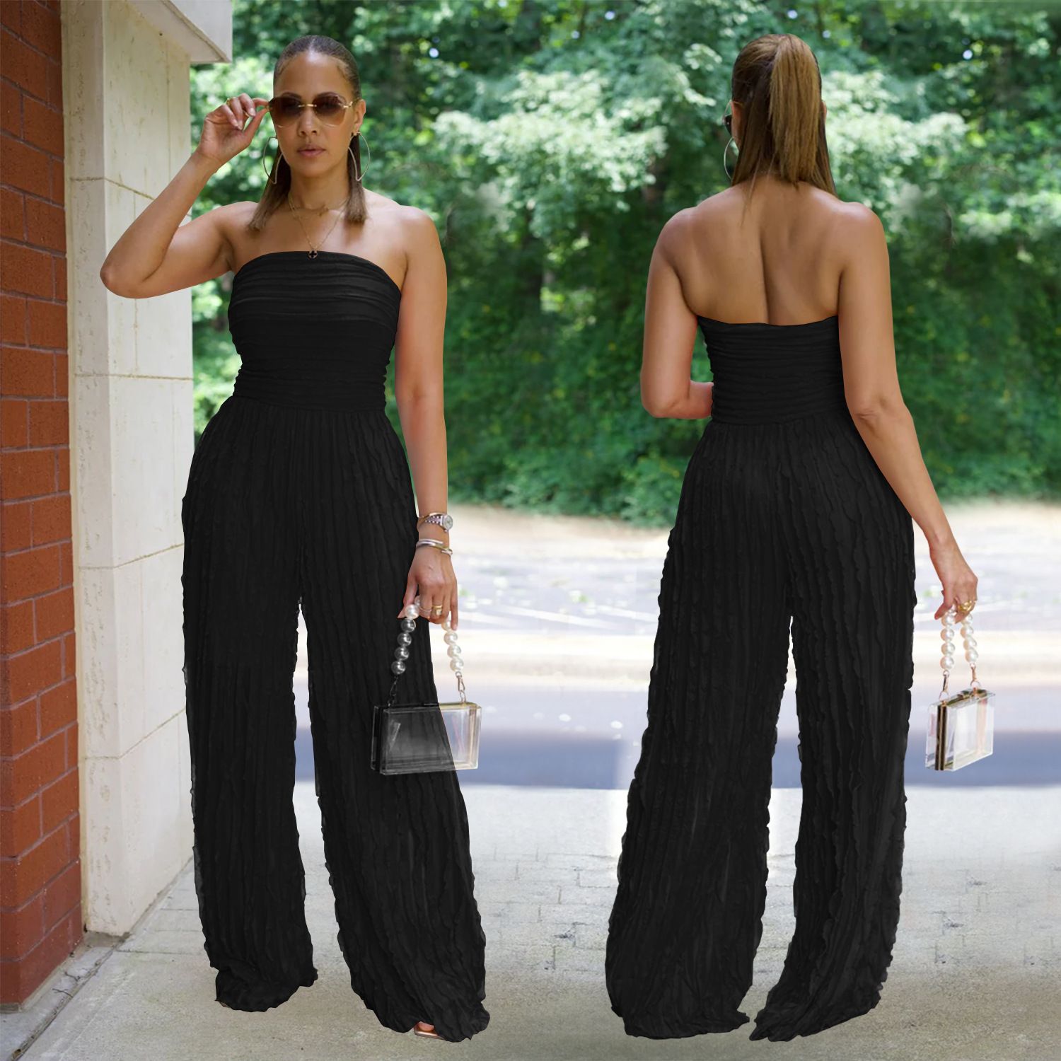 AliExpress Amazon European and American Fashion Women's Clothing, Solid Color Loose Casual Wave Pattern jumpsuit New
