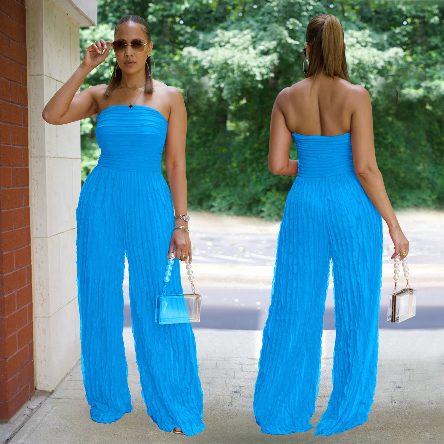 AliExpress Amazon European and American Fashion Women's Clothing, Solid Color Loose Casual Wave Pattern jumpsuit New