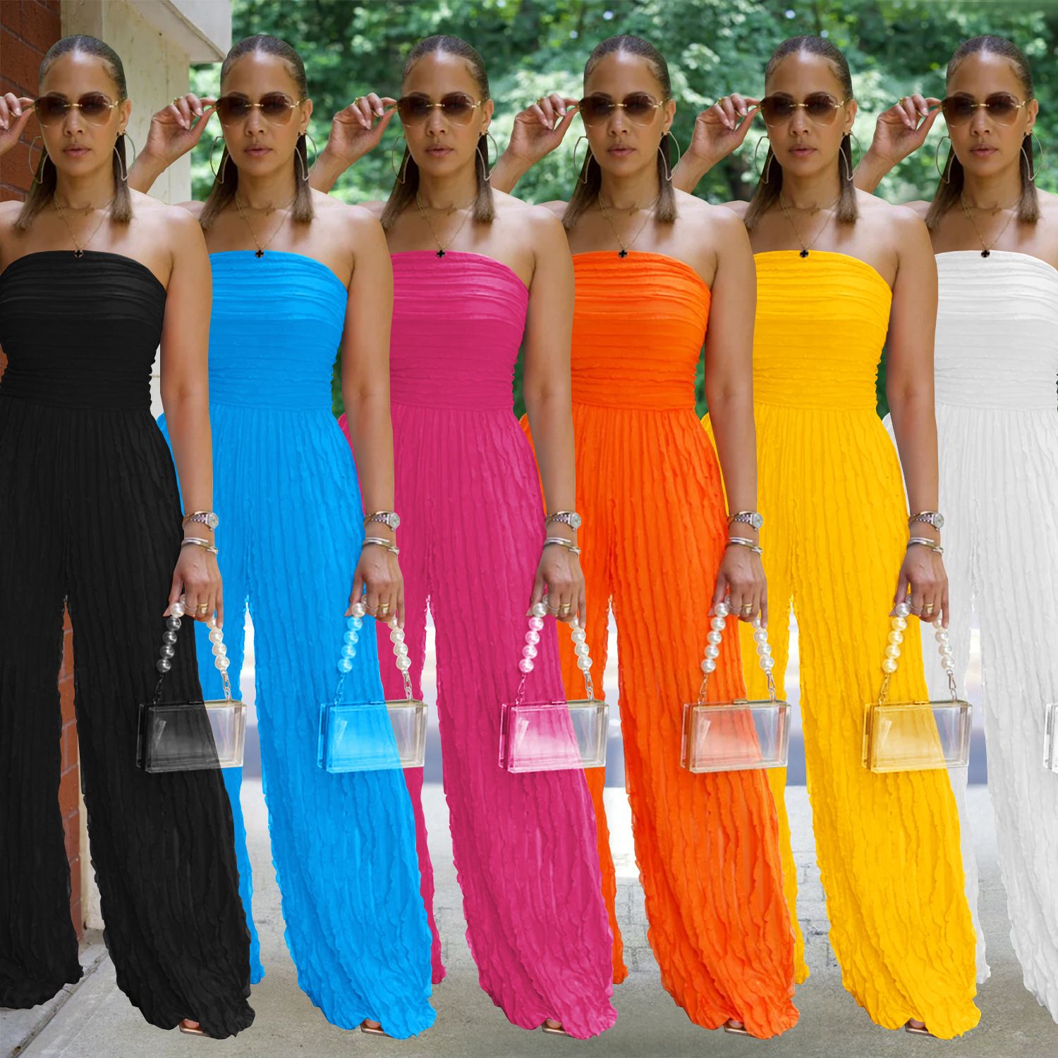 AliExpress Amazon European and American Fashion Women's Clothing, Solid Color Loose Casual Wave Pattern jumpsuit New