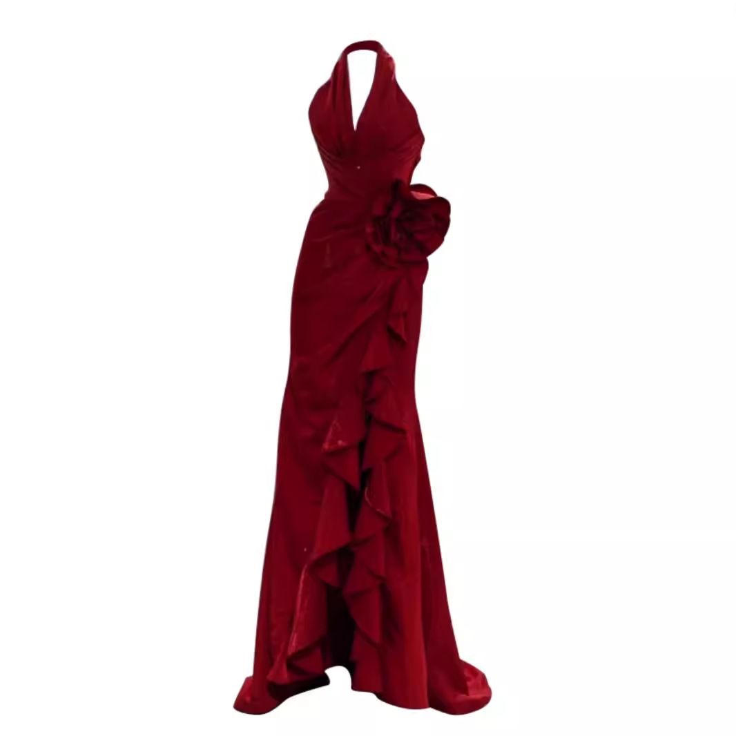 Elegant socialite style, wine red color, temperament hanging neck, bride's wedding toast dress, slit, morning gown, wedding dress, evening gown, new Chinese style, long skirt