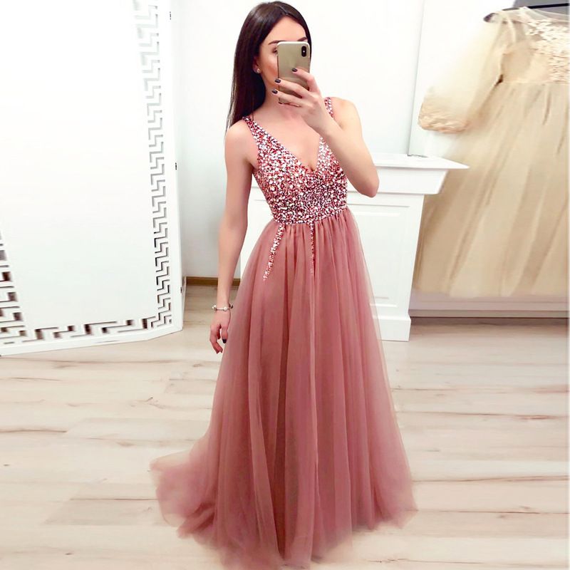New European and American Mesh Splicing Dress Deep V-neck Sexy Dress Amazon Wedding Dress Evening Dress